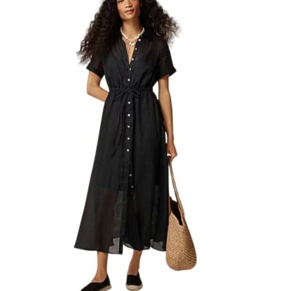 NWT J.Crew Women's Sz 6 Black Cerise Shirt-Dress Ramie A-Line Midi Lined CK661